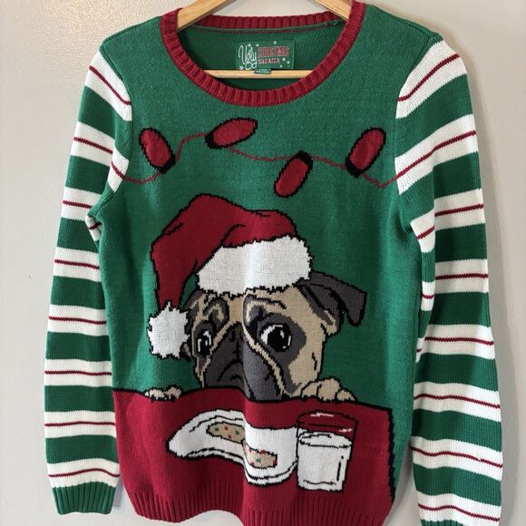 Ugly Christmas Sweater Pug Dog Green Red Stripe Pullover Sz Medium - Picture 2 of 5